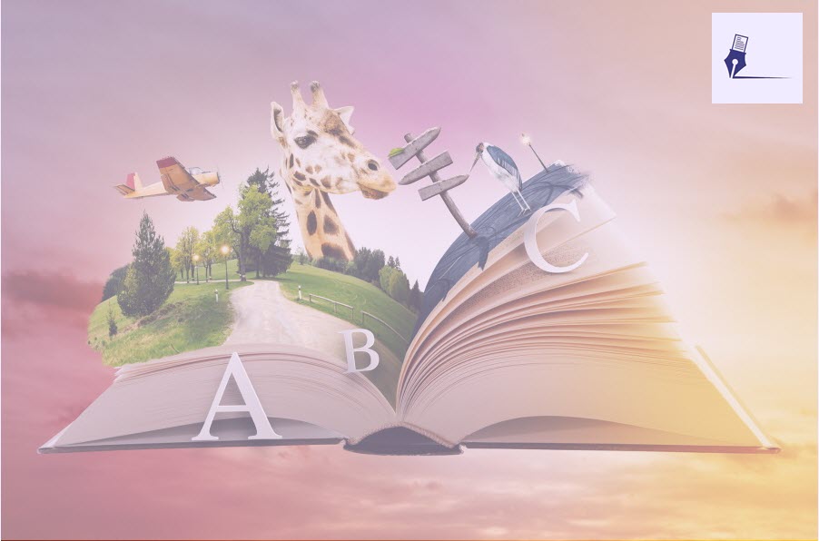 Imagen de un libro abierto con distintos personajes que sales de sus páginas como una jirafa, un avión o un paisaje de árboles.