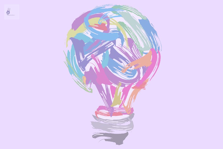 Ilustración de una bombilla con trazos de múltiples colores al óleo.