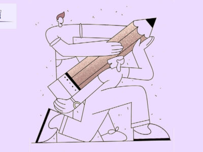 ilustración con una pareja, uno de ellos cargando un lápiz enorme en su espalda como si fuera un cohete