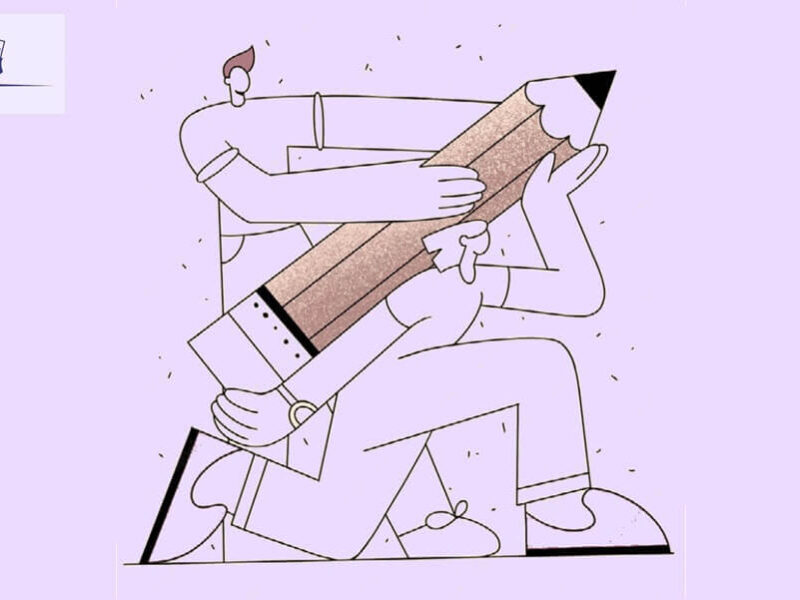 ilustración con una pareja, uno de ellos cargando un lápiz enorme en su espalda como si fuera un cohete