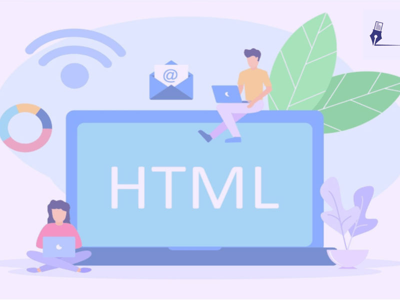 Ilustración de un portátil gigante con las letras HTML en su pantalla, y alrededor dos desarrolladores trabajando con tu portátil.
