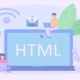 Ilustración de un portátil gigante con las letras HTML en su pantalla, y alrededor dos desarrolladores trabajando con tu portátil.