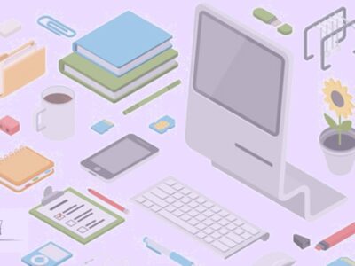 Ilustración de una mesa de trabajo con ordenador, smartphone, libros, etc.