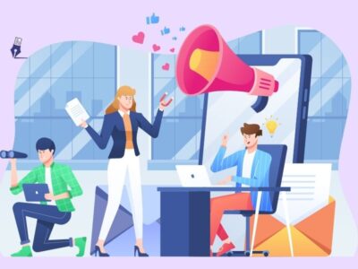 ilustración agencia diseño web con tres jóvenes profesionales