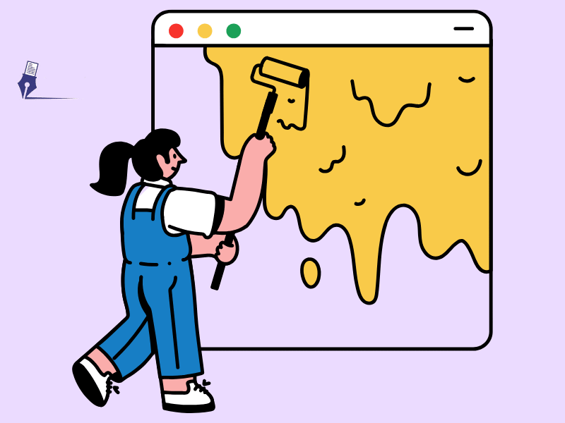 ilustración con una mujer vestida con un mono de trabajo, pintando con un rodillo una página de aterrizaje