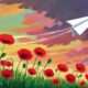 Ilustración de un campo de amapolas, al atardecer y un avión de papel volando