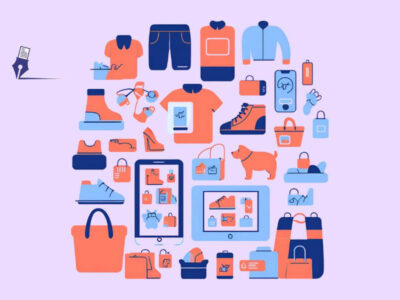 Ilustración con elementos relacionados con el ecommerce como zapatos, ropa, bolsos, etc.
