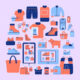 Ilustración con elementos relacionados con el ecommerce como zapatos, ropa, bolsos, etc.