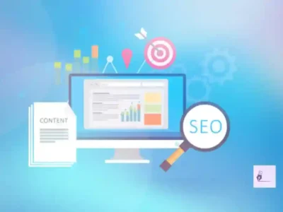 Ilustración con símbolos de contenidos y SEO en la web