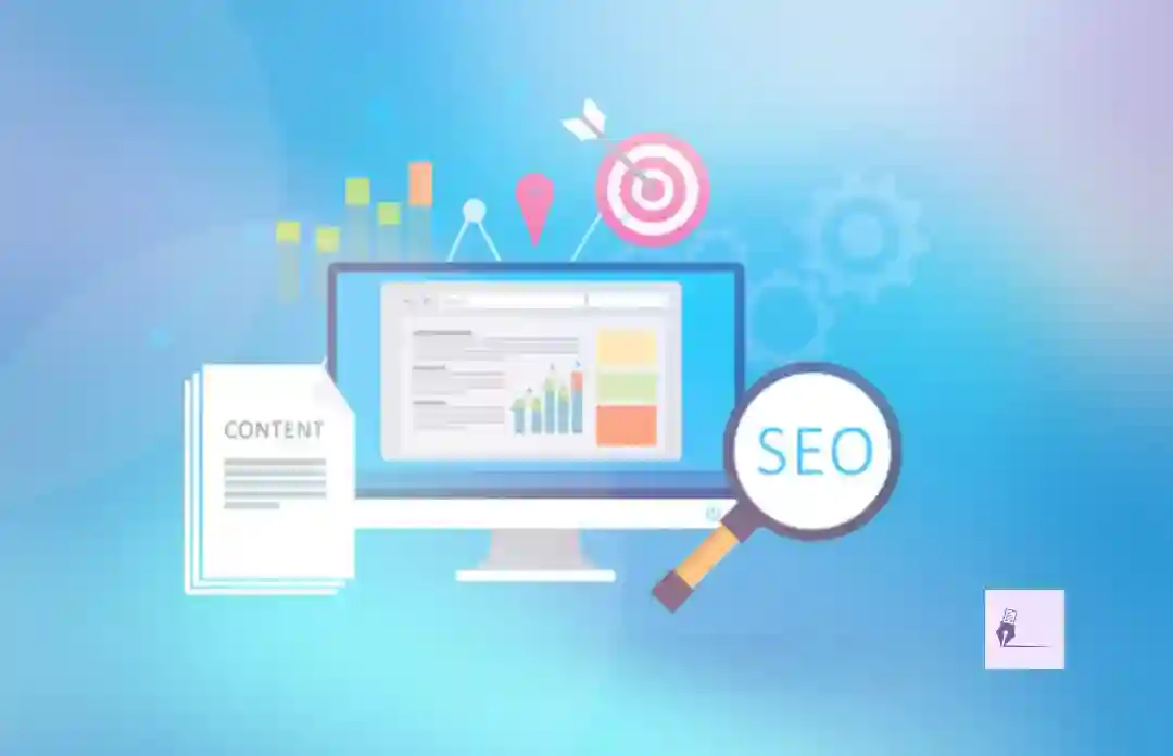 Ilustración con símbolos de contenidos y SEO en la web