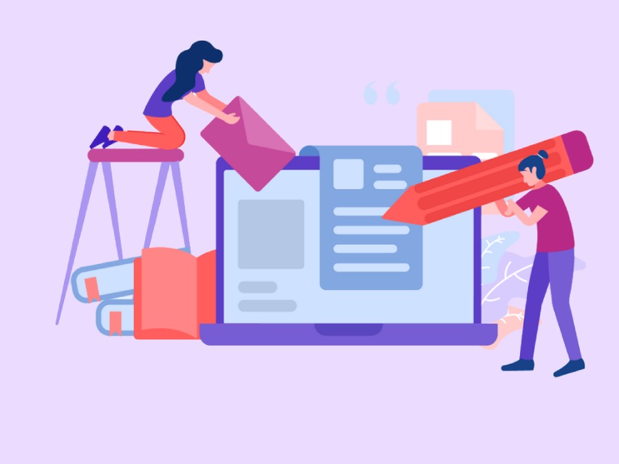Ilustración con una pareja creando contenidos, símbolo de las estrategias de marketing digital para PYMES