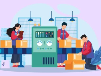 ilustración de unos trabajadores en el ensamblaje de una fábrica, representando seo para empresas industriales