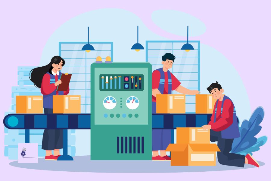 ilustración de unos trabajadores en el ensamblaje de una fábrica, representando seo para empresas industriales