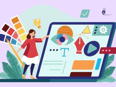 Ilustración con una mujer realizando diseño en pantalla, símbolo de diseñador web profesional