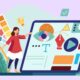 Ilustración con una mujer realizando diseño en pantalla, símbolo de diseñador web profesional
