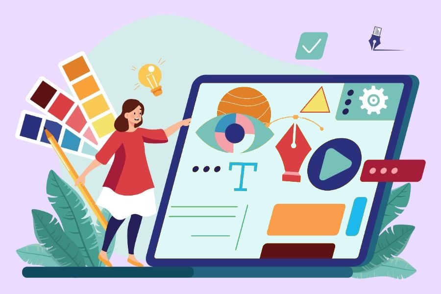 Ilustración con una mujer realizando diseño en pantalla, símbolo de diseñador web profesional