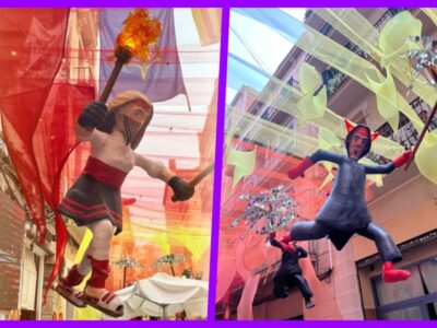 dos imágenes de muñecos de cartón de las fiestas de gracia de Barcelona 2025