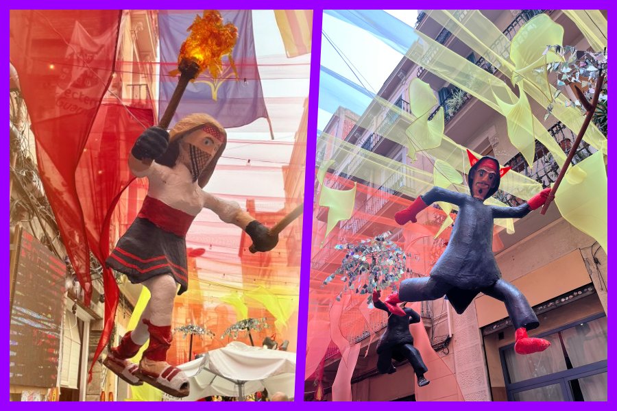 dos imágenes de muñecos de cartón de las fiestas de gracia de Barcelona 2025