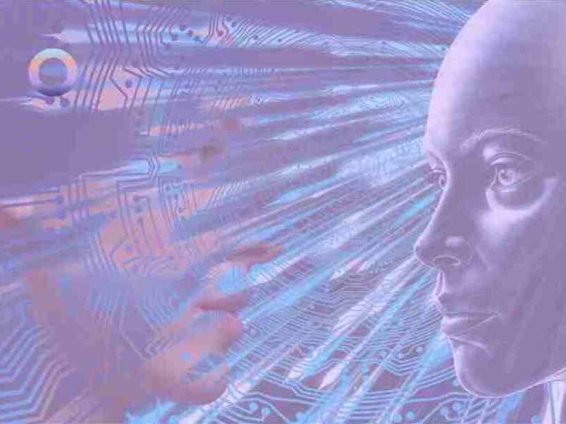 Ilustración con un perfil de robot enfrente de una mujer humana, rodeadas de algoritmos