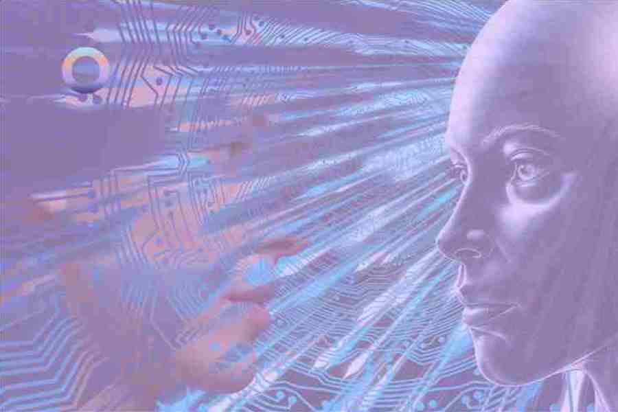 Ilustración con un perfil de robot enfrente de una mujer humana, rodeadas de algoritmos